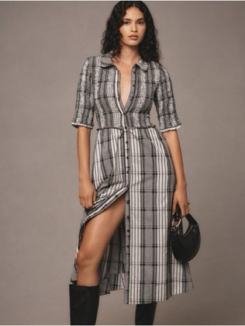 Anthropologie Maeve Mixed Plaid Midi Dress Peter Pan Collar Cottagecore Small